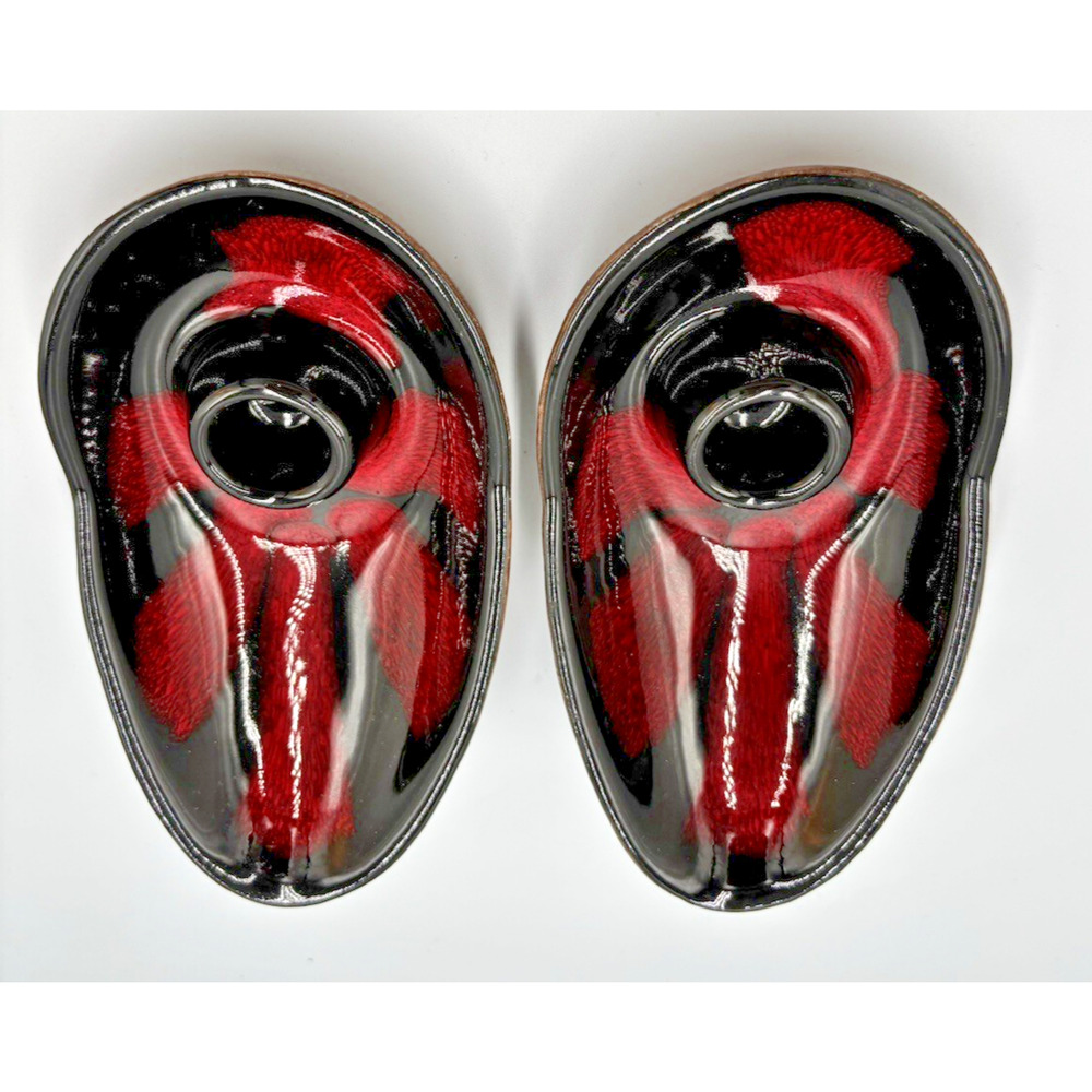Pair VintageCandle Holders Black & Red Lava Glaze Decorative Pottery 403CH USA